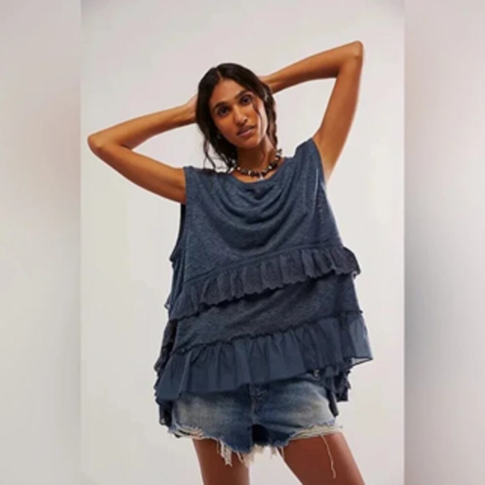 Free People Slouchy Claire Tee Blue Ruffle Tunic Top Large - Picture 2 of 15